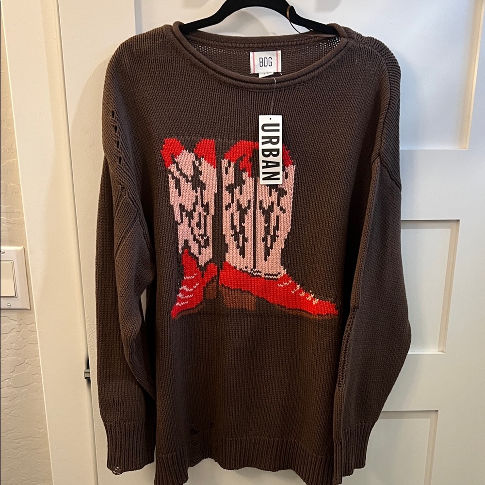 NWT Urban Outfitters Brown Cowboy Boot Graphic Oversized Sweater Size S